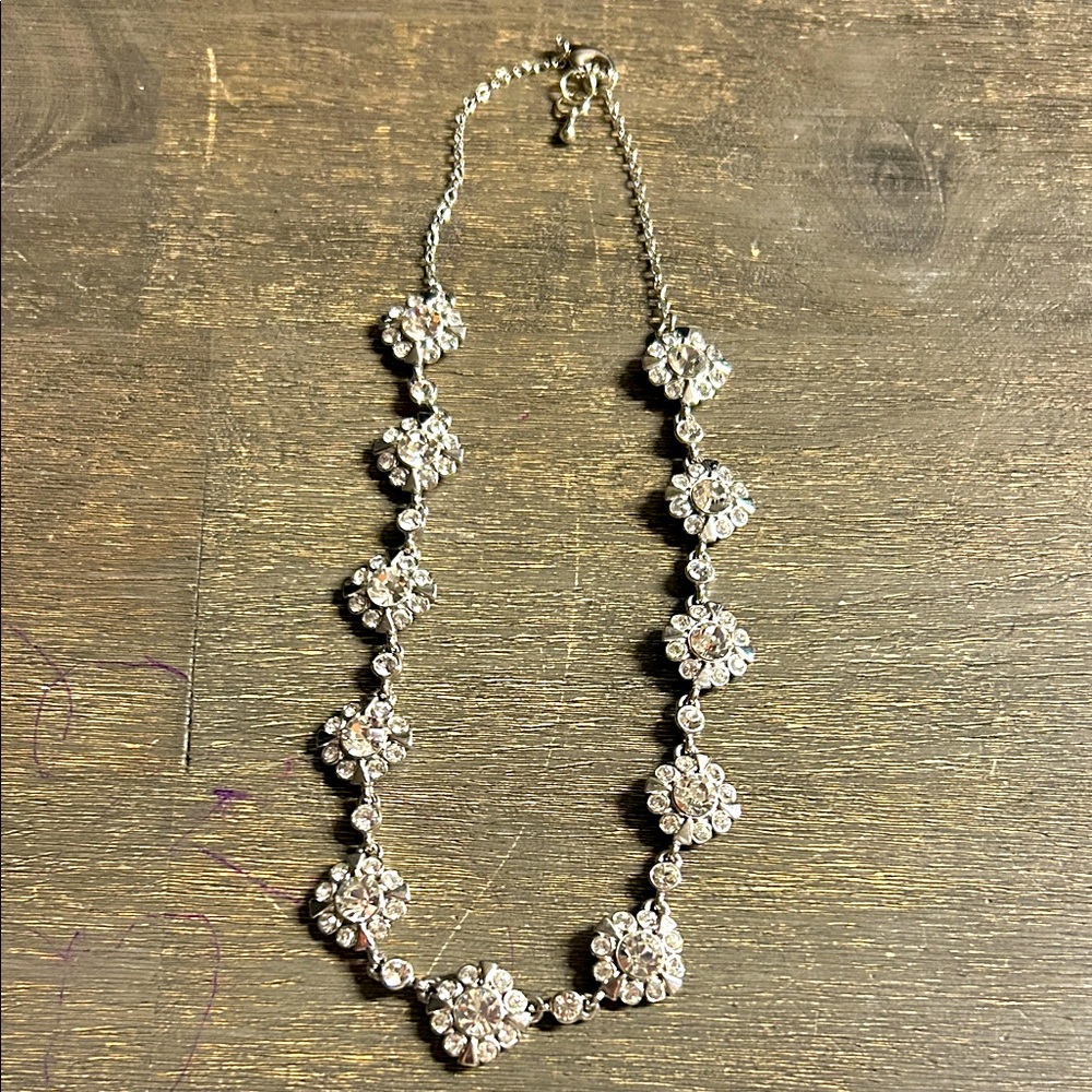 Signed Monet Silver Floral Rhinestone Necklace